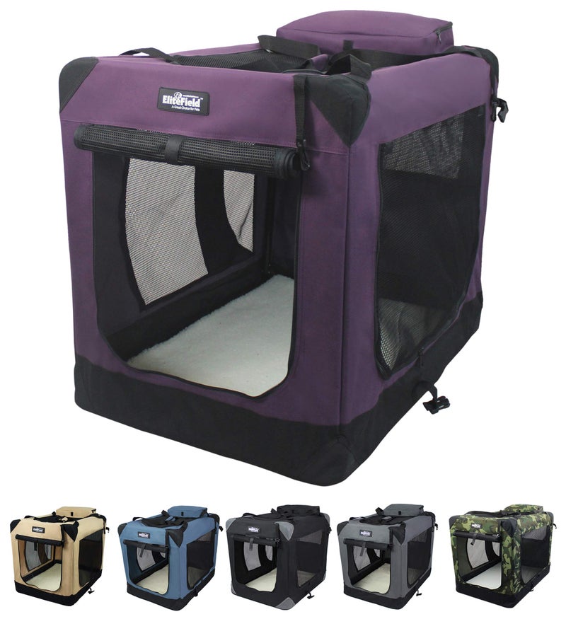 EliteField 3-Door Folding Soft Dog Crate with Carrying Bag and Fleece Bed (2 Year Warranty), Indoor & Outdoor Pet Home (20" L x 14" W x 14" H, Purple) - Image 1